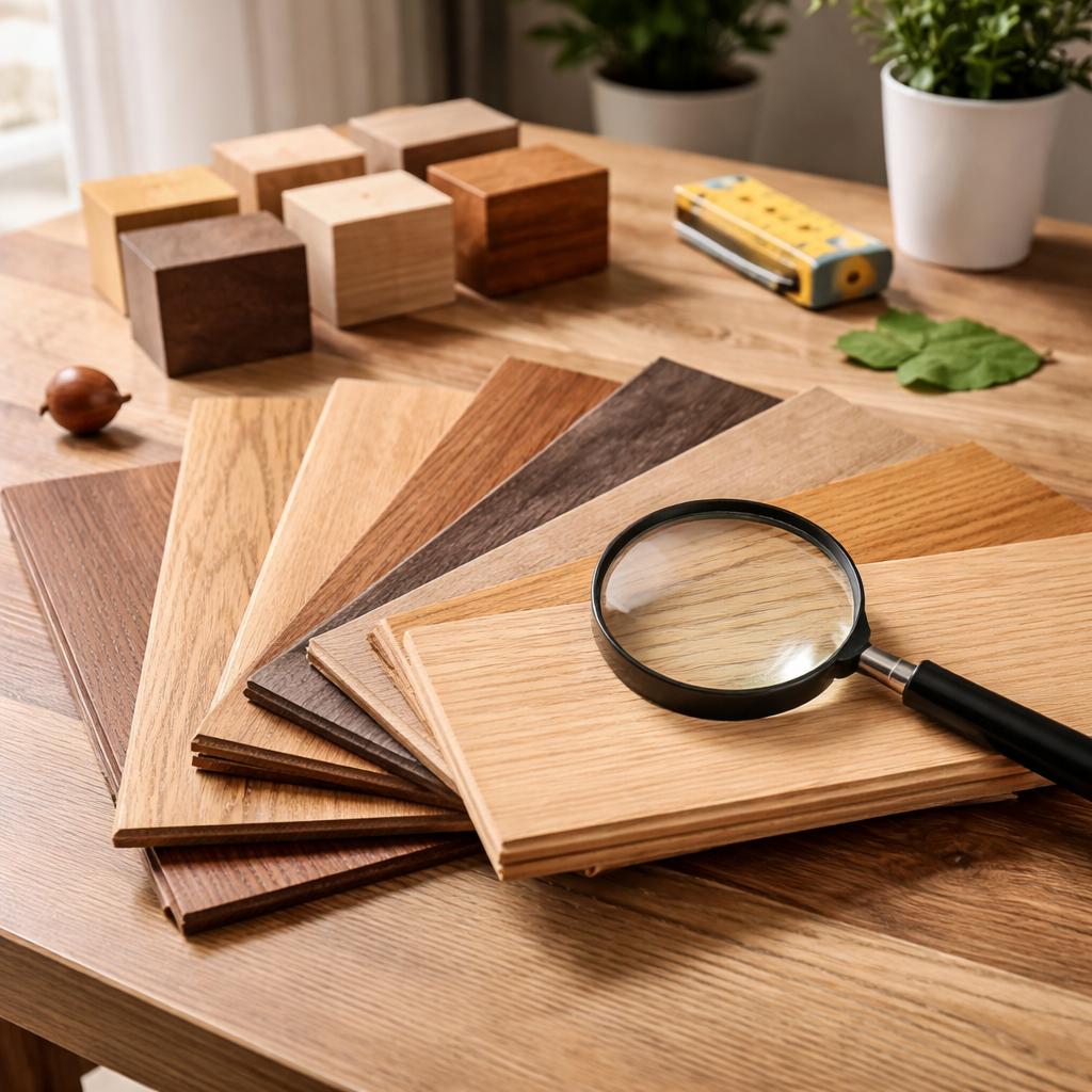 Образцы паркетной доски из разных пород древесины на столе